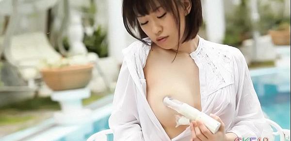  Japanese babe Yui seductively licking and teasing herself with vibe